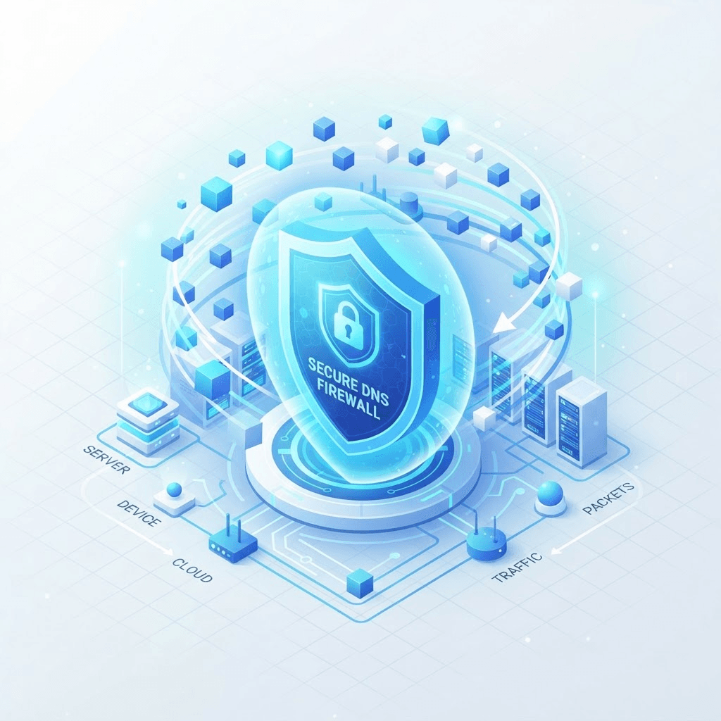 Isometric illustration of a protective shield surrounded by connected network devices